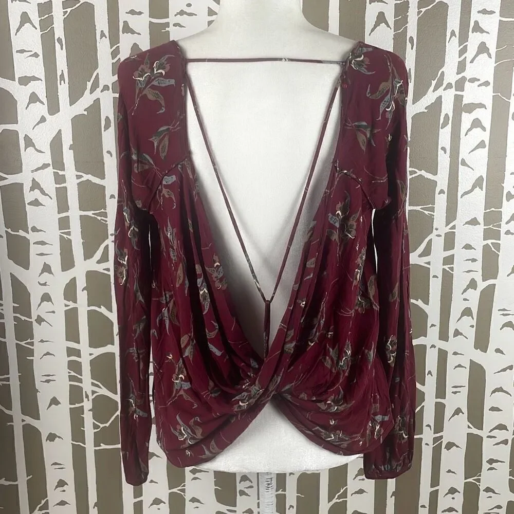 Free People Burgundy Floral Print Open Draped Back Long Sleeve Top S